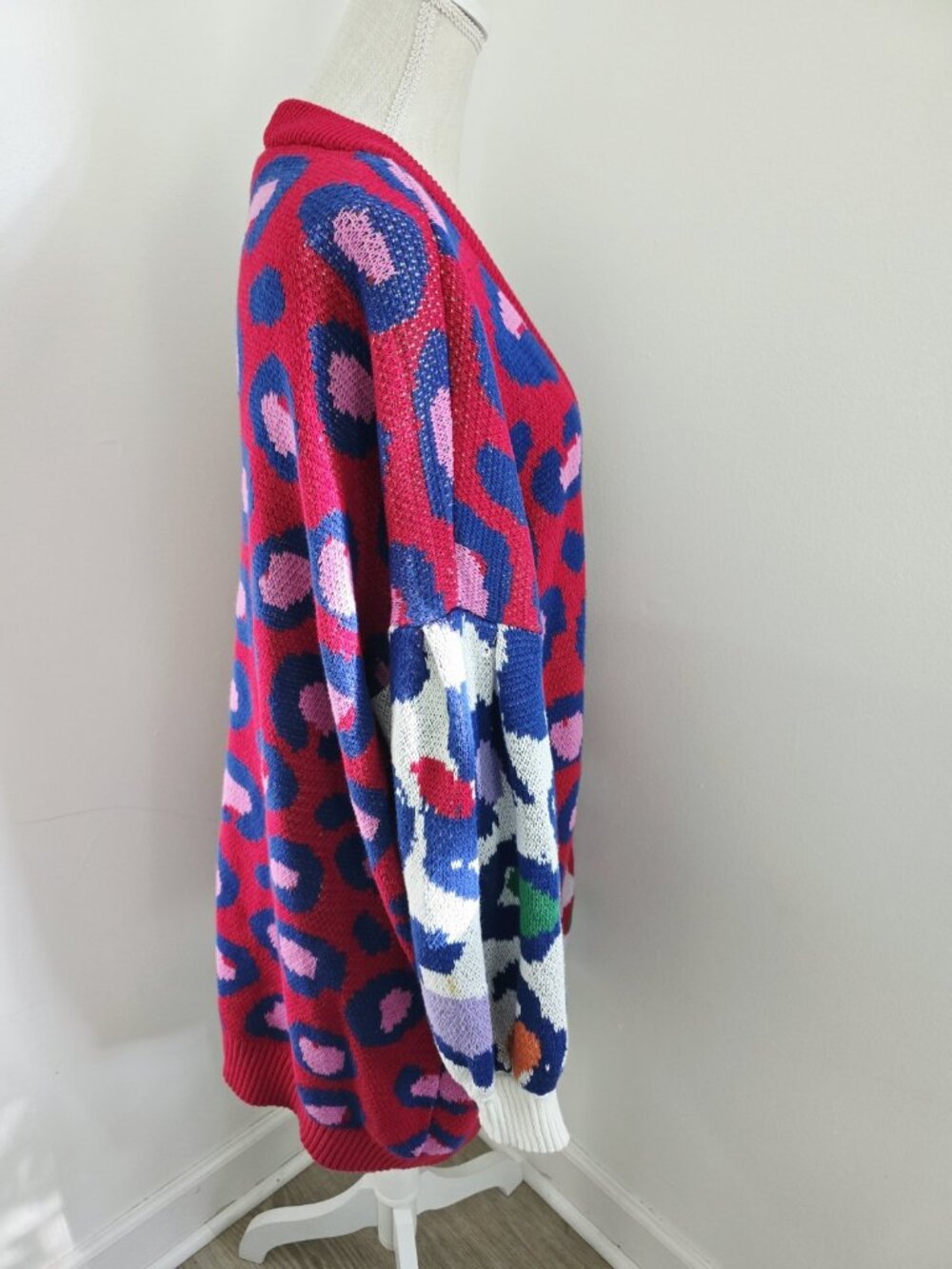 Farm RIO Leopard Pop Cotton Cardigan Sweater S Oversize Baggy Relaxed Multicolor - Picture 10 of 13